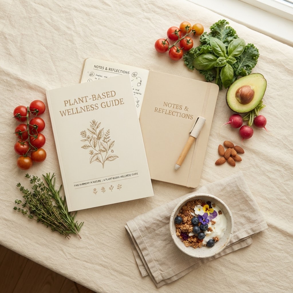 A flat lay of plant-based kitchen and wellness favorites on a cream linen surface