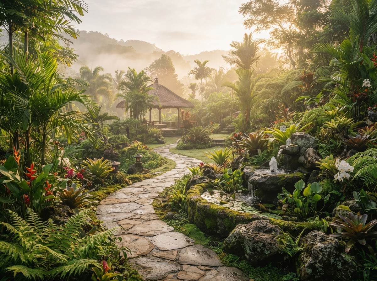 Peaceful meditation garden with stone path and tropical greenery