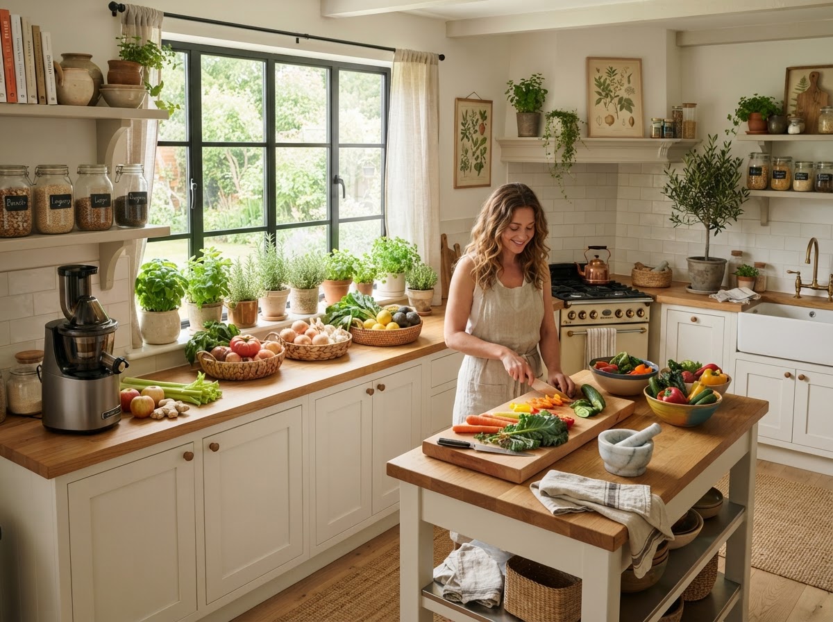 Plant-based vegan kitchen with fresh organic produce and herbs