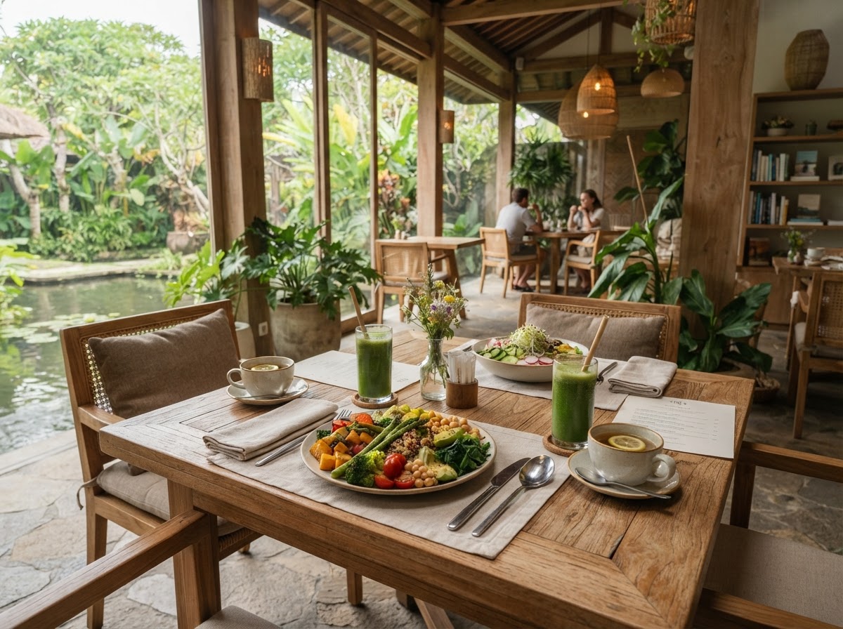 Elegant plant-based dining area with alkaline vegan meal plates