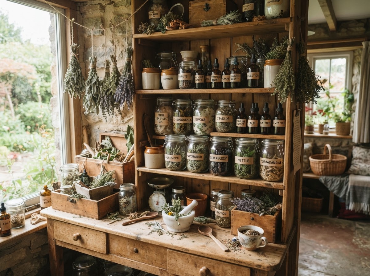 Herbal apothecary with Irish Sea Moss Gel, soursop, and wormwood remedies