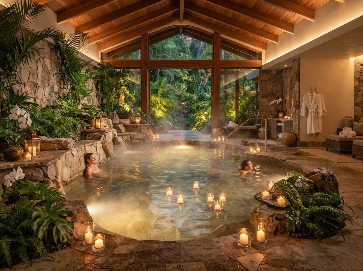 Spa thermal mineral bath with steam and natural stone surround