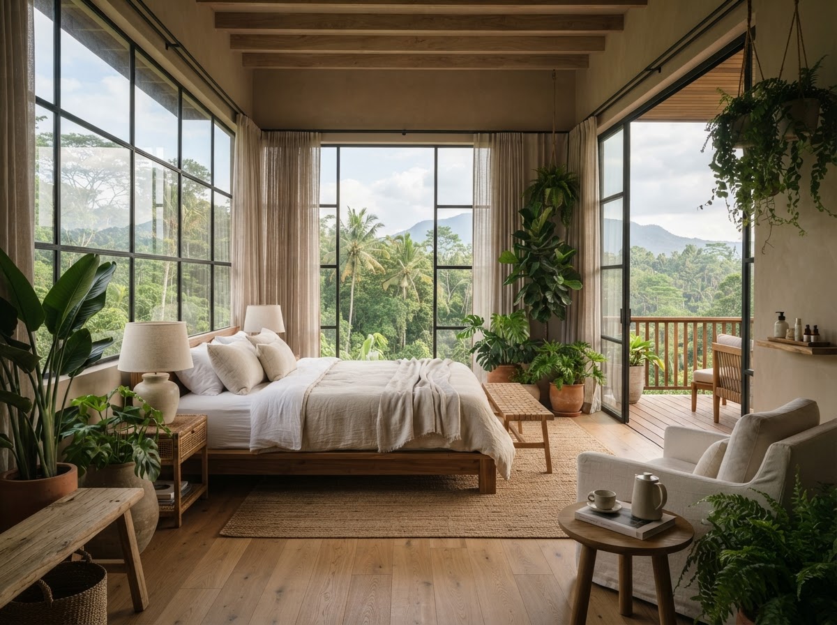 Eco-luxury wellness retreat suite with organic linens and natural light