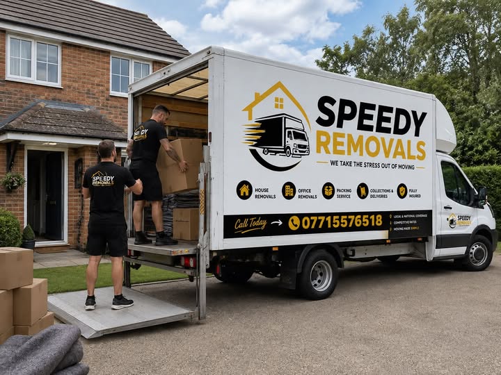 Speedy Removals loaded moving van with team