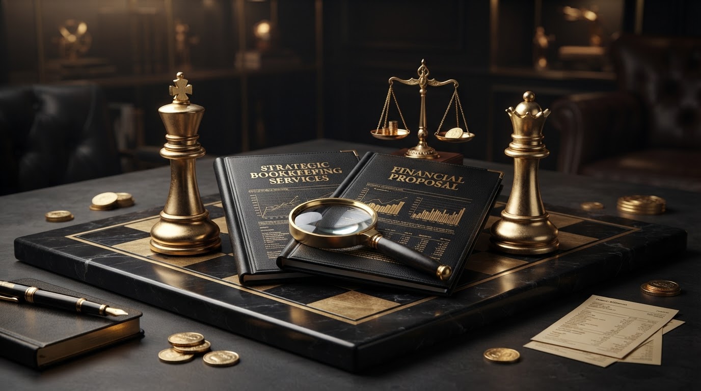 A polished silver and emerald magnifying glass and a emerald balance scale on a dark obsidian chessboard, examining and comparing two open black leather bookkeeping service proposal documents with emerald embossed text and emerald financial figures, with small silver coins and a emerald fountain pen on a charcoal surface, representing how to compare bookkeeping service proposals for Chess Bookkeeping & Payroll.