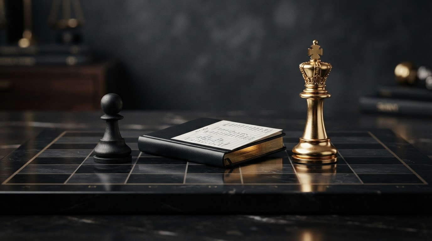 A dark obsidian chessboard with a simple black pawn on the left representing do it yourself bookkeeping and an ornate polished silver and emerald king on the right representing professional bookkeeping services, with a sleek black leather ledger book with emerald lined pages showing financial columns resting between them, comparing DIY and professional bookkeeping for small businesses.