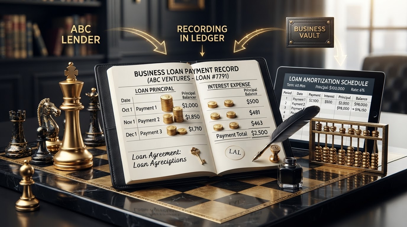 A dark obsidian chessboard with polished silver and emerald and black chess pieces, a tall emerald king chess piece standing upright and resolute beside an open black leather ledger book showing a business loan payment record with two clearly labeled columns, one titled Loan Principal with rows of decreasing emerald coin stacks and one titled Interest Expense with rows of smaller silver coins, a sleek black tablet displaying a loan amortization schedule with declining principal balances and interest amounts over time, a brass abacus with emerald beads partially slid representing the split between principal and interest, a quill pen and a brass seal stamp resting on the open ledger page, a small emerald key symbolizing the loan agreement, subtle emerald arrows showing money flowing from a business vault to a lender, representing how to record business loan payments in your books for a small business, emerald and silver luxury chess style.
