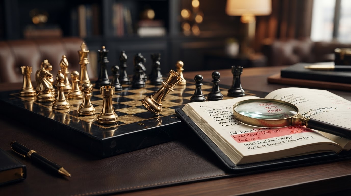 A dark obsidian chessboard with polished silver and emerald and black chess pieces, one emerald rook piece tilted slightly off balance beside an open black leather ledger book showing negative account balances highlighted in red ink with a brass magnifying glass resting on the page examining the numbers, representing how to fix negative balances in bookkeeping accounts for a small business, emerald and silver luxury chess style.