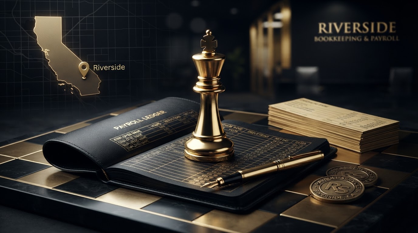 A polished silver and emerald chess king on a dark obsidian chessboard beside an open black leather payroll ledger with emerald embossed columns and rows of neat figures, a neat stack of emerald trimmed employee pay stubs, brass payroll coins, and a emerald fountain pen on the charcoal surface, with a small emerald location pin resting on a dark map grid and a subtle emeralden silhouette of the state of California and the city of Riverside etched into the background, representing payroll considerations for small businesses in Riverside, California for Chess Bookkeeping & Payroll.