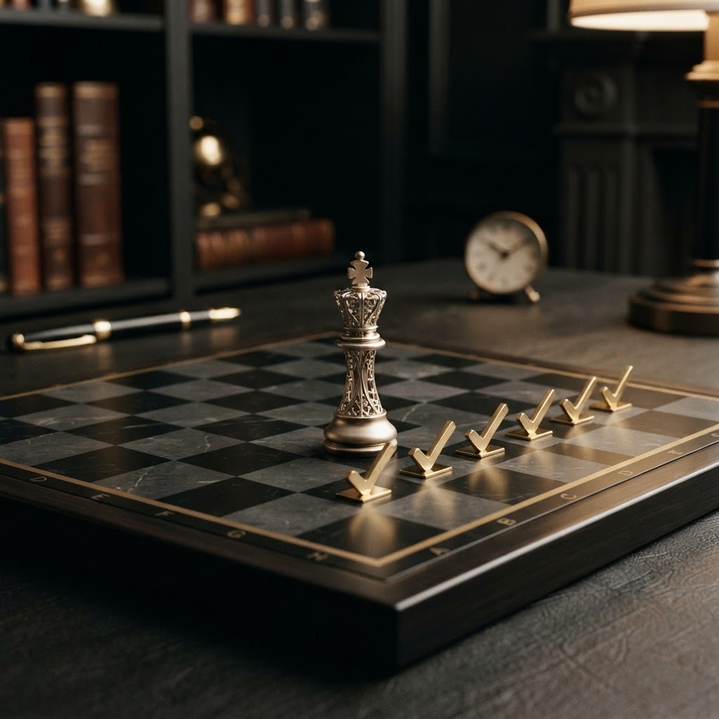 A emerald chess king on a dark chessboard with a row of completed emerald checkmarks lined up beside it, representing a disciplined monthly bookkeeping checklist of completed steps.