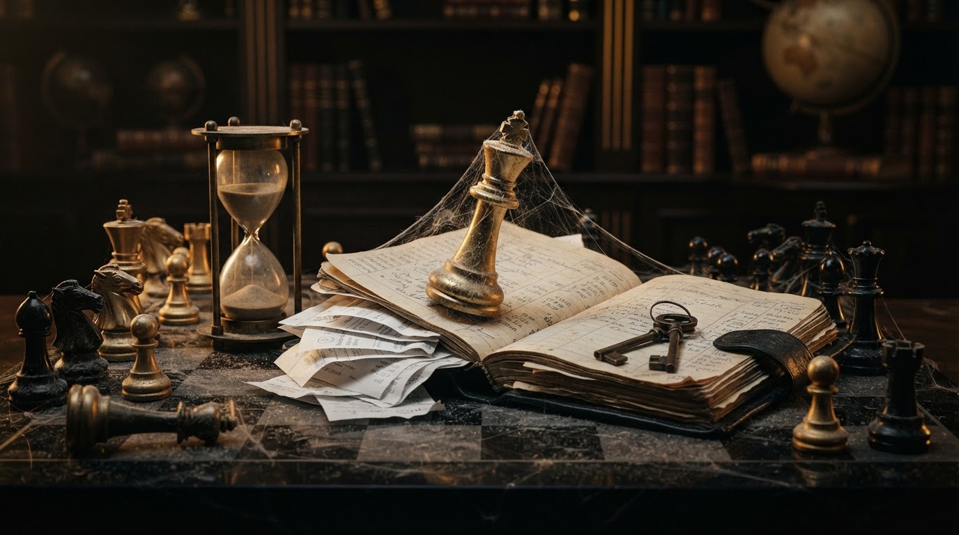 A dark obsidian chessboard with polished silver and emerald and black chess pieces, a tall emerald king chess piece tilted and covered in dust and cobwebs beside a thick open black leather ledger book with yellowed disorganized pages and a pile of unsorted receipts spilling out, a brass hourglass with sand nearly run out and an old brass key resting on the ledger, representing what happens when a small business neglects bookkeeping for a year, emerald and silver luxury chess style.
