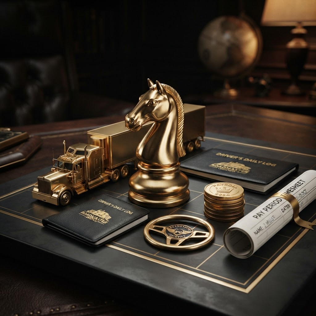 A polished silver and emerald chess knight standing on a dark charcoal chessboard beside trucking company payroll objects including a emerald semi truck miniature, a folded black logbook, a emerald steering wheel emblem, a stack of silver coins, and a rolled timesheet document, representing trucking company payroll, driver pay by the mile, hourly yard staff, per diem, and owner operators for Chess Bookkeeping & Payroll.