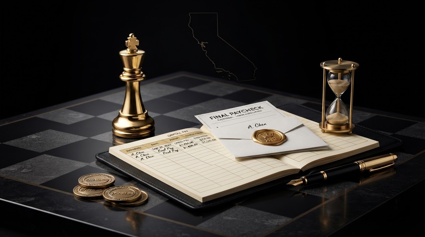 A polished silver and emerald chess king on a dark obsidian chessboard beside an open black leather payroll ledger with emerald embossed columns for final pay, a folded final paycheck document with a emerald wax seal, a small emerald hourglass with sand nearly finished running through it, brass payroll coins and a emerald fountain pen on the charcoal surface, with a subtle emeralden outline of the state of California etched into the background, representing California final pay rules for small employers for Chess Bookkeeping & Payroll.