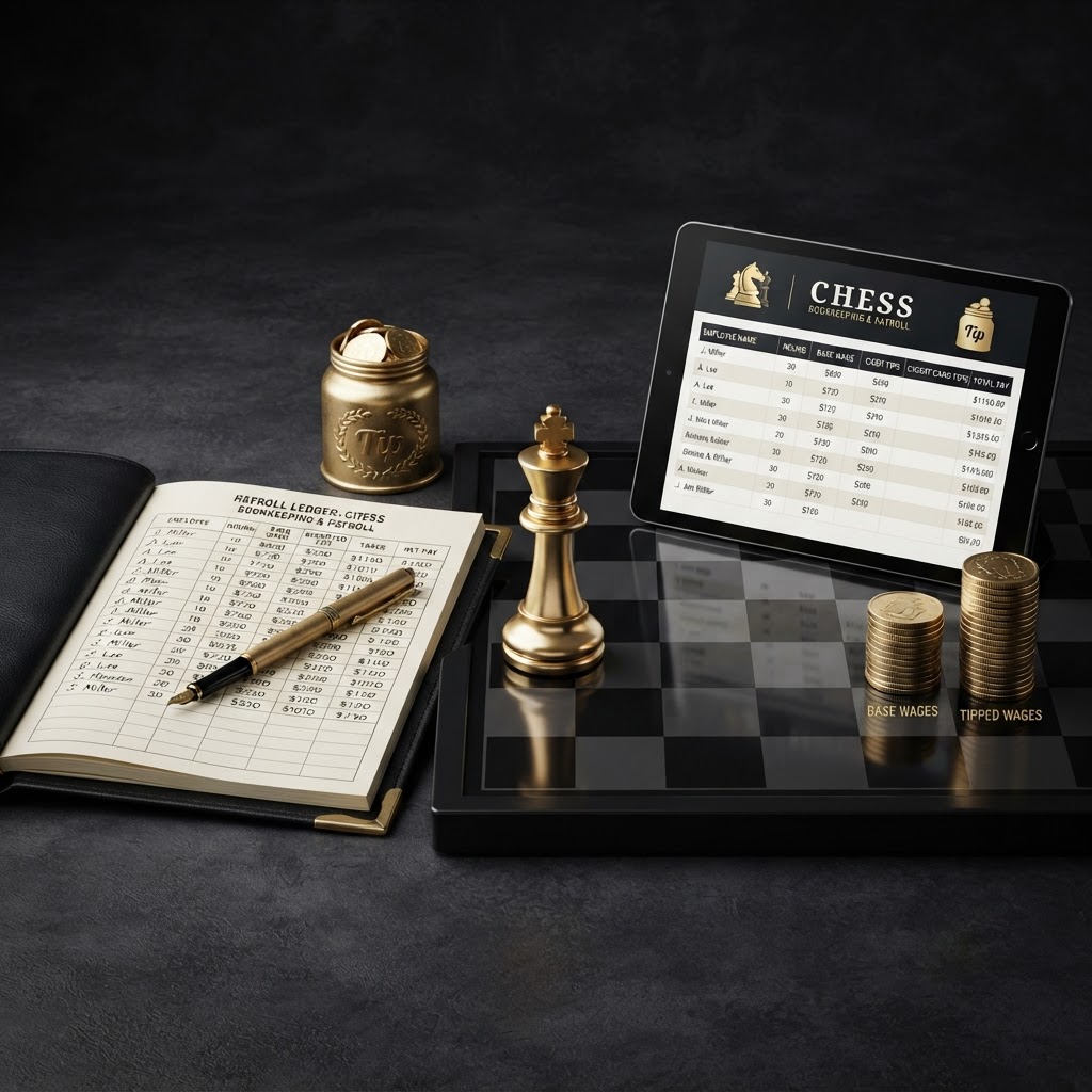 A polished silver and emerald chess king standing upright on a dark obsidian chessboard beside payroll objects for a business with tipped employees, including an open elegant black leather ledger book with emerald corner accents whose page shows a payroll register with columns for gross pay, reported tips, and net pay, a sleek black tablet displaying a clean tipped employee payroll dashboard with a small emerald tip jar icon and columns for cash tips and credit card tips, a small elegant emerald tip jar filled with silver coins beside the ledger, silver coins arranged in two separate tidy stacks representing tipped wages and base wages, a brass fountain pen resting on the open page, all on a deep charcoal background with soft silver and emerald light, representing payroll for businesses with tipped employees.