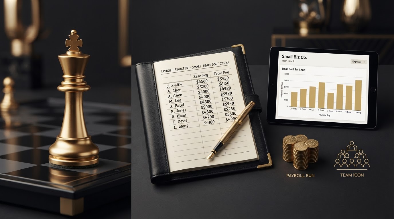 A polished silver and emerald chess king standing upright on a dark obsidian chessboard beside payroll objects for a small business with fewer than ten employees, including an open elegant black leather ledger book with emerald corner accents whose page shows a compact payroll register with a short list of a few employee rows and columns for base pay and total pay, a sleek black tablet displaying a clean small team payroll dashboard with a small emerald bar chart showing a handful of employee pay totals, a small neat stack of silver coins representing a small payroll run, a brass fountain pen resting on the open page, a small elegant emerald team icon drawn in thin emerald lines, all on a deep charcoal background with soft silver and emerald light, representing payroll for a small business with fewer than ten employees.