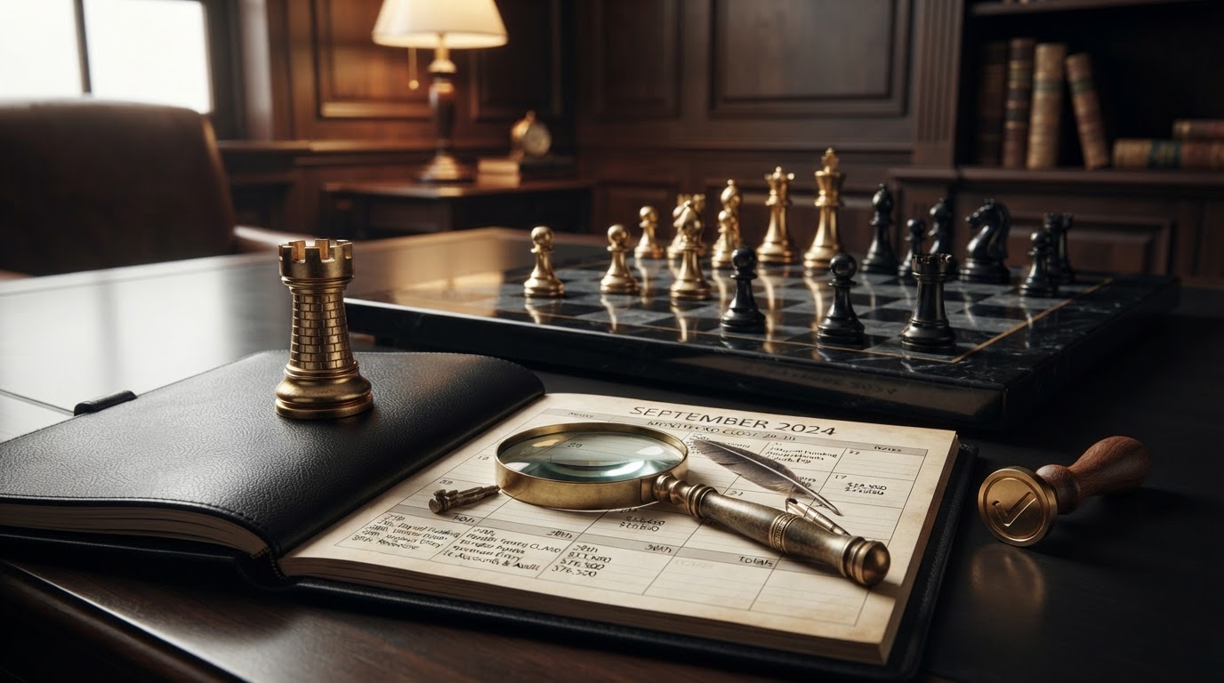 A dark obsidian chessboard with polished silver and emerald and black chess pieces, a emerald rook castle piece standing upright and guard-like beside an open black leather ledger book and a monthly calendar showing the final days of the month, a brass magnifying glass and a quill pen resting on the page examining rows of transactions for errors before the month end close, a small emerald checkmark seal stamp beside the ledger, representing how to prevent bookkeeping errors before month end in bookkeeping for a small business, emerald and silver luxury chess style.