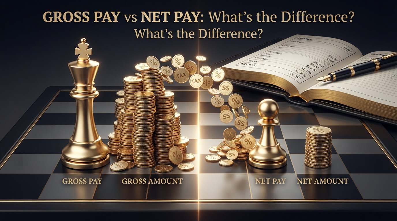 Two polished silver and emerald chess pieces on a dark obsidian chessboard separated by a glowing emerald line, a tall emerald king labeled GROSS beside a large stack of silver coins and a shorter emerald pawn labeled NET beside a smaller stack of silver coins, with emerald withholding tokens falling away between them, representing the difference between gross pay and net pay for payroll.