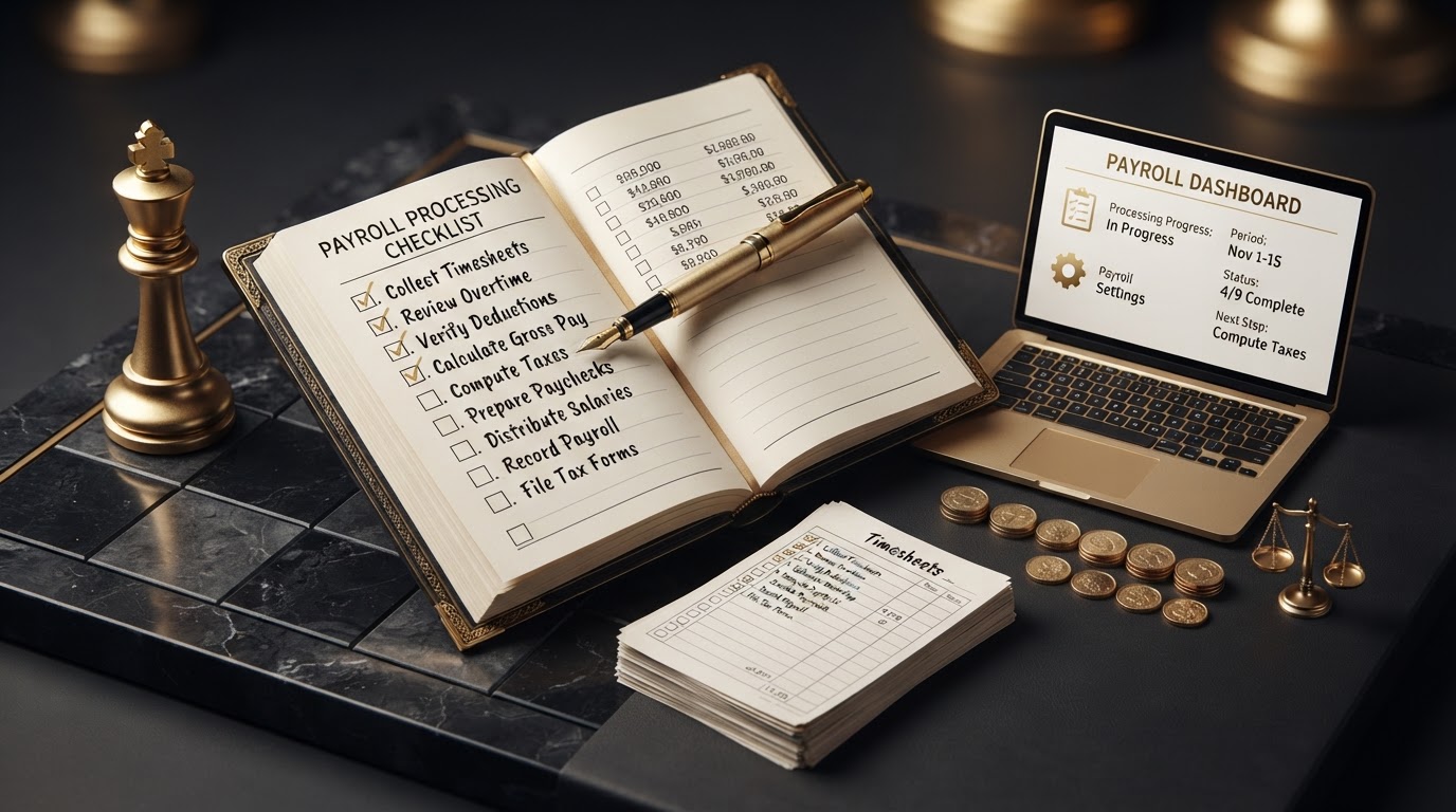 A polished silver and emerald chess king standing on a dark obsidian chessboard beside an open elegant emerald framed ledger book whose page shows a neat payroll processing checklist worksheet with a vertical column of empty checkbox squares each followed by a line of figures, several checkboxes already checked with small emerald checkmarks and a emerald fountain pen resting on the next unchecked box, a small sleek laptop computer showing a clean payroll dashboard with a small emerald checklist icon and a small emerald gear icon on its screen, a neat stack of paper timesheets and a emerald fountain pen resting on the ledger, small silver coins arranged in two tidy rows, and a small emerald balance scale token, all on a deep charcoal background with soft silver and emerald light, representing a step by step payroll processing checklist.