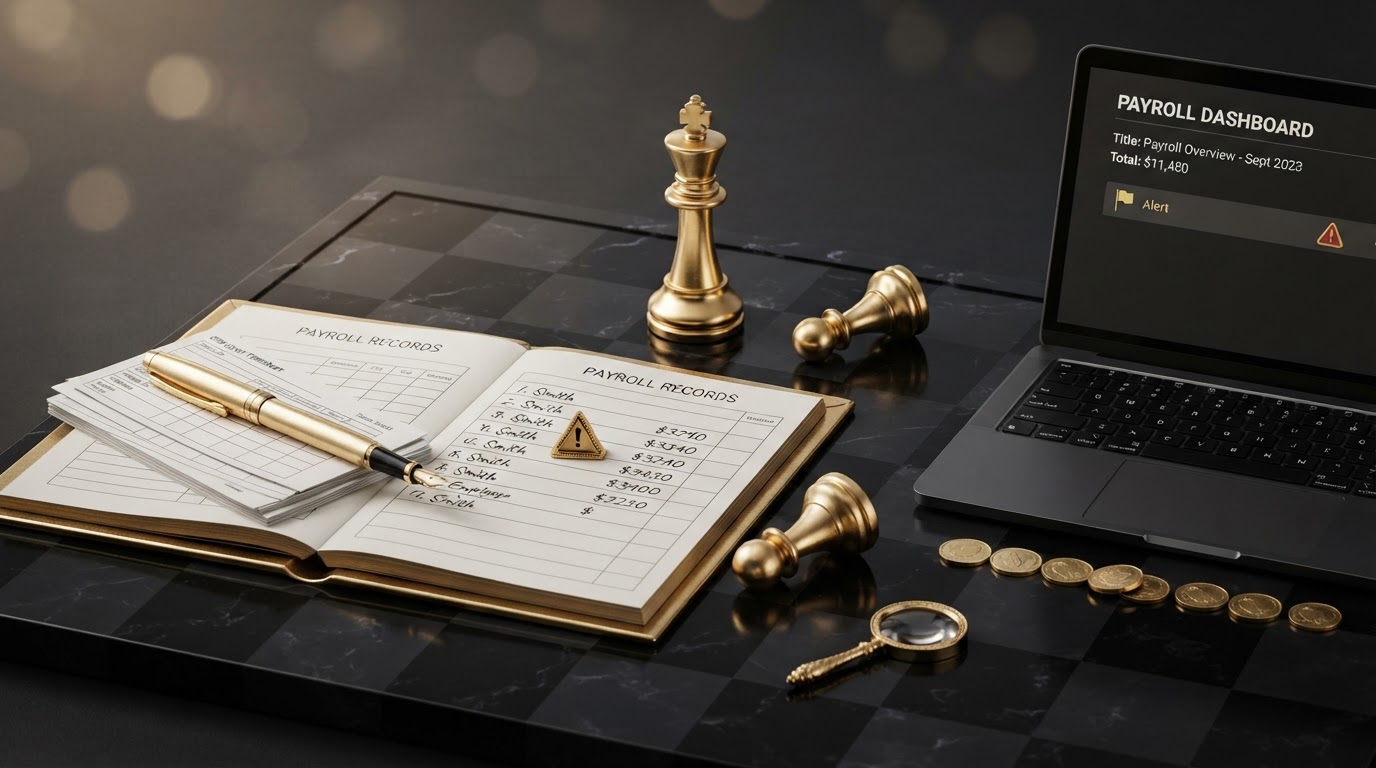 A polished silver and emerald chess king standing on a dark obsidian chessboard with one emerald chess pawn tipped over on its side to represent a mistake, beside an open elegant emerald framed ledger book whose page shows neat payroll rows with one row marked with a small emerald warning token, a small sleek laptop computer showing a clean payroll dashboard with a small alert icon on its screen, a neat stack of employee timesheet cards and a emerald fountain pen resting on the ledger, small silver coins arranged in a mostly neat row with one coin slightly out of place, and a small emerald magnifying glass token, all on a deep charcoal background with soft silver and emerald light, representing common payroll mistakes and how to avoid them.