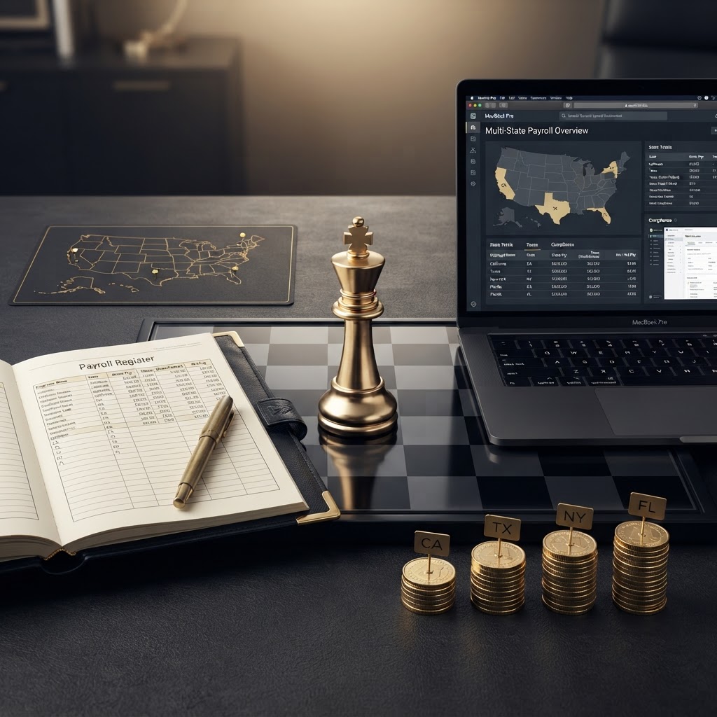 A polished silver and emerald chess king standing upright on a dark obsidian chessboard beside payroll objects for a business with remote employees in different states, including a small elegant outline map of the United States drawn in thin emerald lines with several small emerald location pins marking different states, an open elegant black leather ledger book with emerald corner accents whose page shows a payroll register with columns labeled by state, small emerald state tag pins, a sleek black laptop displaying a clean multi state payroll dashboard with a map outline and state comparison columns on its screen, and silver coins arranged in several separate tidy stacks representing different states, a brass fountain pen resting on the open page, all on a deep charcoal background with soft silver and emerald light, representing payroll for remote employees in different states.
