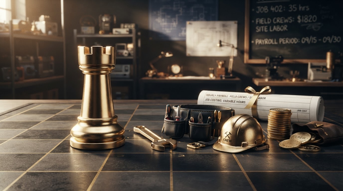A polished silver and emerald chess rook standing on a dark charcoal chessboard beside home service contractor payroll objects including a emerald wrench, a black tool belt, a emerald hard hat, a rolled timesheet document, and a stack of silver coins, representing payroll for home service contractors, hourly field crews, job costing labor by site, and variable hours for Chess Bookkeeping & Payroll.