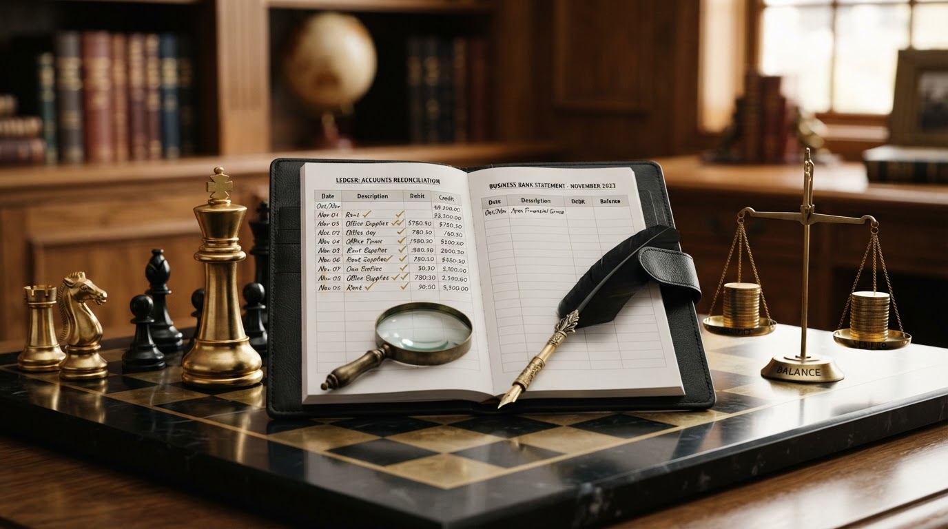 A dark obsidian chessboard with polished silver and emerald and black chess pieces, a tall emerald king chess piece standing upright and resolute beside an open black leather ledger book and a printed bank statement being carefully reconciled line by line, a small brass balance scale comparing two neat stacks of silver coins, a brass magnifying glass and a quill pen resting on the open ledger page with subtle emerald checkmarks beside matched entries, representing a step by step guide to reconciling a business bank account for a small business, emerald and silver luxury chess style.