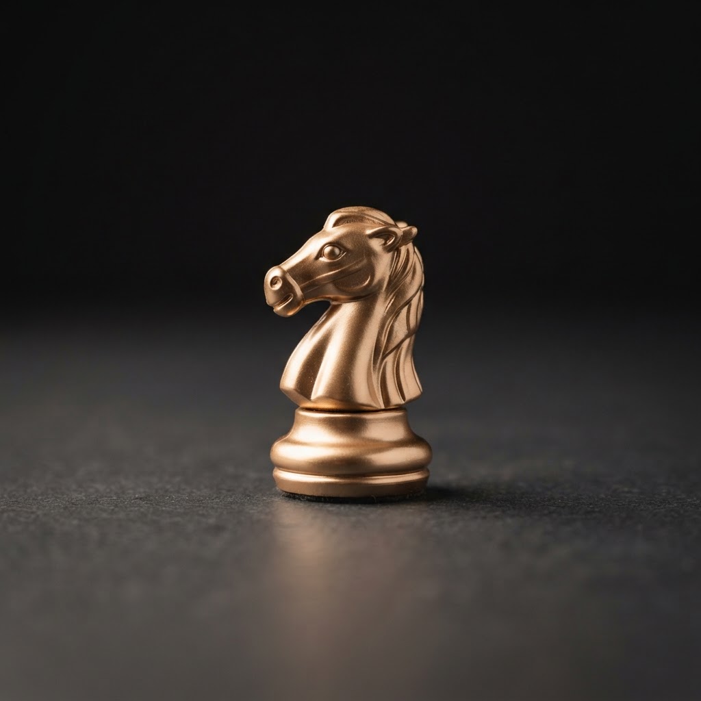A polished polished silver and emerald chess knight, the mark of our bookkeeping service.