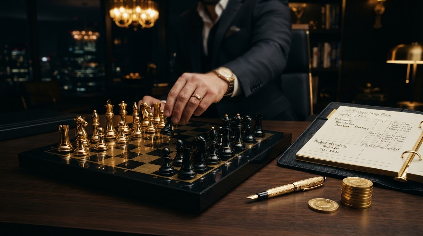 A dark obsidian chessboard with emerald and black chess pieces being placed in their starting positions beside a sleek black leather portfolio with emerald trimmed pages showing clean financial columns and a emerald fountain pen, representing the first 90 days of bookkeeping setup for a new business.