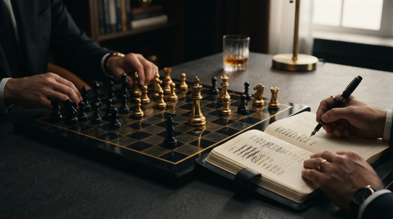 A dark obsidian chessboard with a polished silver and emerald chess king standing upright at the center while scattered emerald and silver chess pieces are gathered and reorganized into neat orderly rows, beside an open black leather ledger book with messy crossed out financial columns being cleaned up and rewritten into clean organized rows, representing bookkeeping cleanup for a small business.