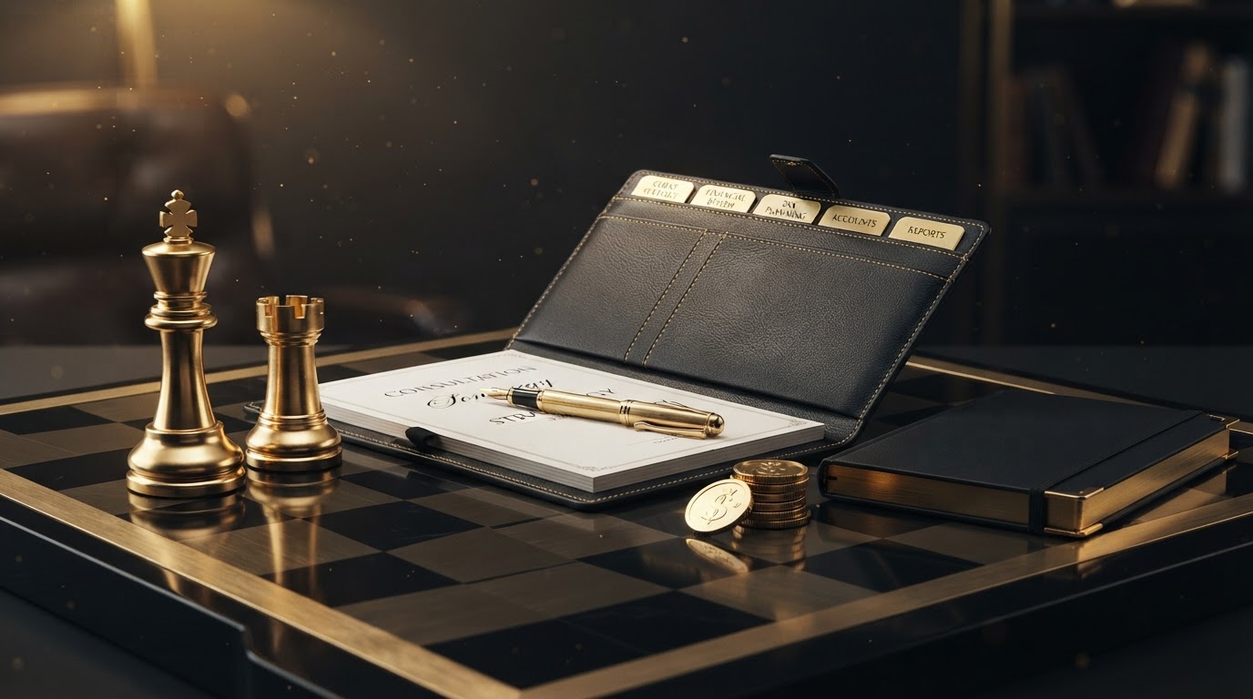 A polished silver and emerald chess king and a emerald rook standing on a dark obsidian chessboard beside an open black leather bookkeeping consultation folder with emerald embossed tabs and a emerald fountain pen, with small silver coins and a neatly organized black notebook with emerald corner accents, representing how to prepare for a bookkeeping consultation for Chess Bookkeeping & Payroll.