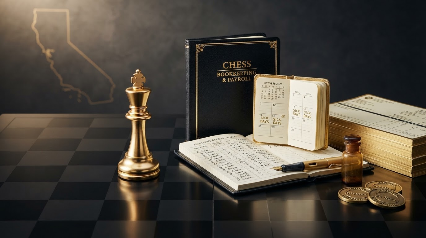 A polished silver and emerald chess king on a dark obsidian chessboard beside an open black leather payroll ledger with emerald embossed columns tracking sick leave accrual and usage, a small emerald pocket calendar resting open showing a few marked sick days, a neat stack of emerald trimmed wage statement pages, a small brass apothecary vial as a subtle accent, and brass payroll coins with a emerald fountain pen on a deep charcoal background with soft silver and emerald light, with a subtle emeralden outline of the state of California etched into the background, representing how California paid sick leave affects payroll for small employers for Chess Bookkeeping & Payroll.