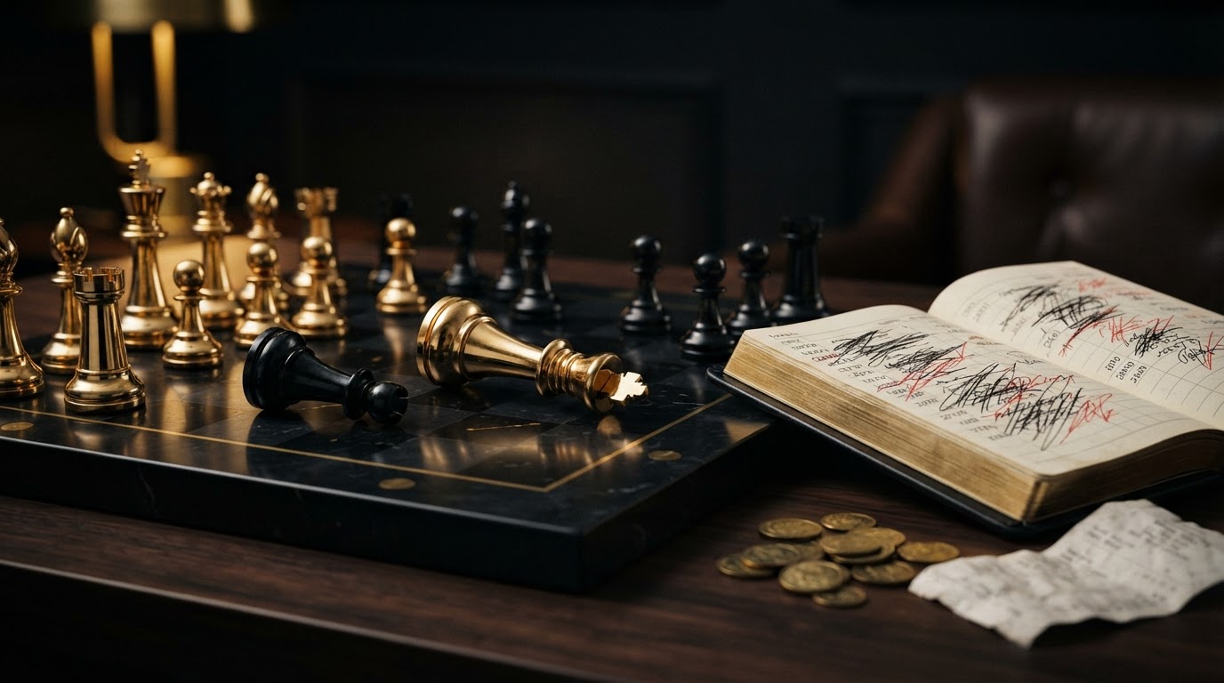 A dark obsidian chessboard with emerald and black chess pieces where one ornate emerald king is knocked over and a black rook is tilted off its square, beside a black leather ledger book with messy crossed out financial columns, representing common bookkeeping mistakes small businesses make and how to avoid them.