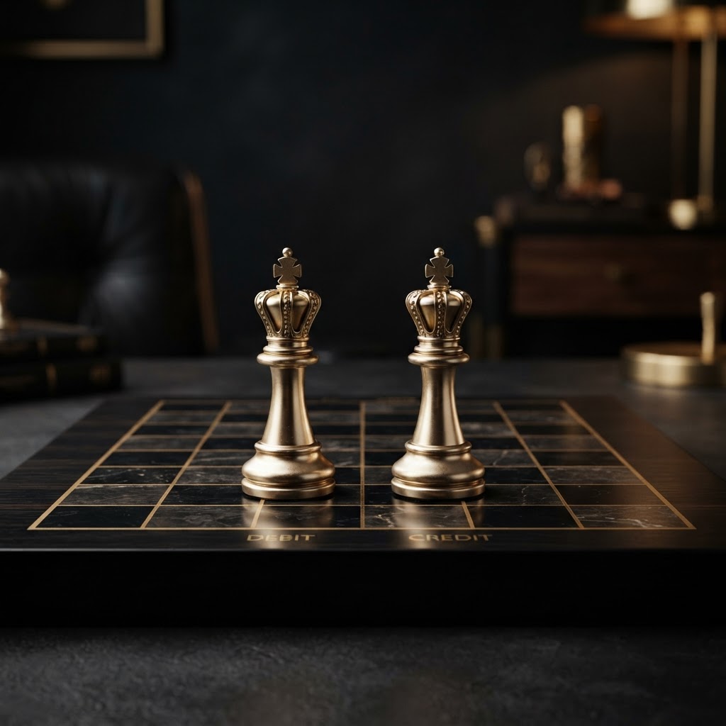 Two mirrored emerald chess kings on opposite sides of a dark chessboard, representing the balanced two sided nature of double entry bookkeeping where every debit has a matching credit.