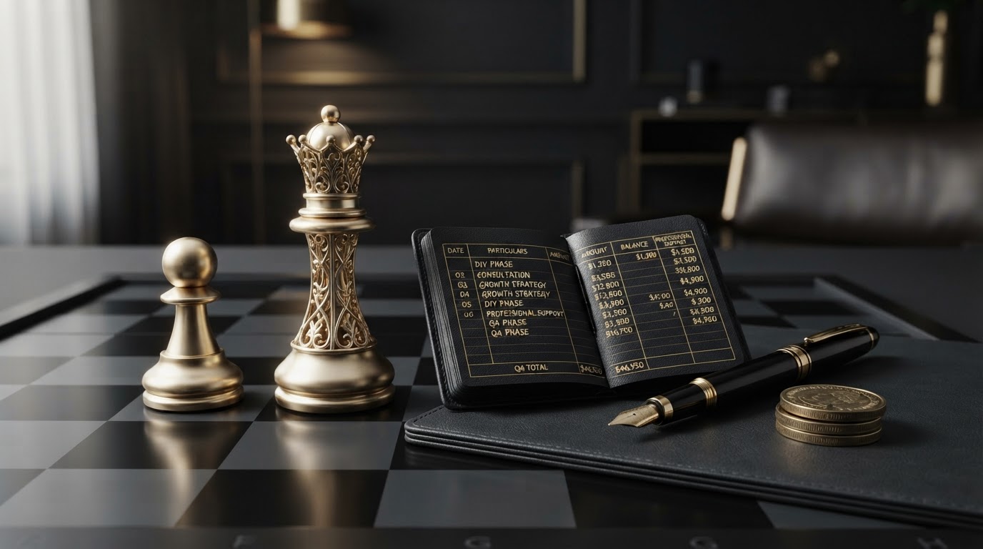 A polished silver and emerald chess pawn on a dark obsidian chessboard shown mid transition into a taller ornate emerald chess queen, with an open black leather ledger book with emerald embossed columns and neat rows of emerald financial figures, a emerald fountain pen, and a small stack of brass coins on a charcoal surface between them, representing switching from do it yourself bookkeeping to professional bookkeeping support for Chess Bookkeeping & Payroll.