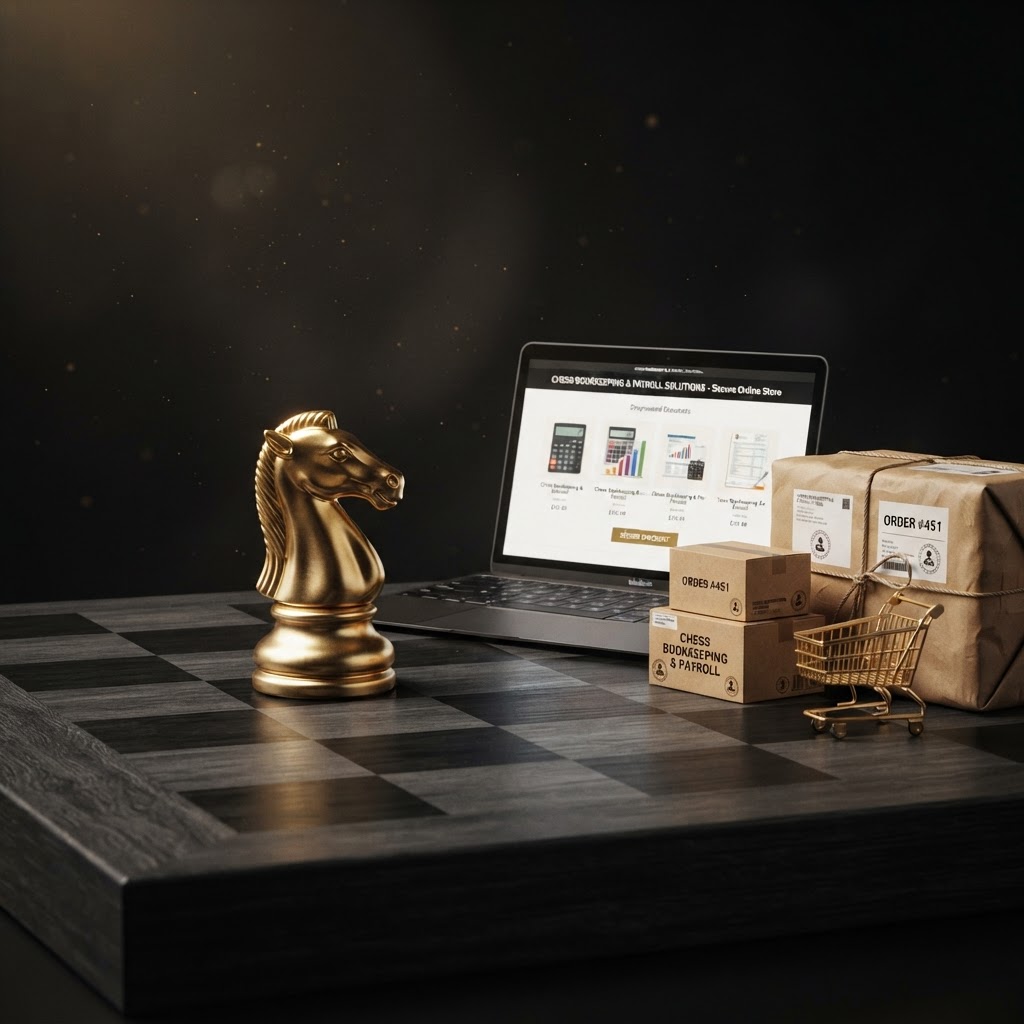 A polished silver and emerald chess knight on a dark chessboard beside e-commerce elements including a laptop storefront, shipping boxes, and a shopping cart, representing e-commerce bookkeeping and sales channel reconciliation for Chess Bookkeeping & Payroll.