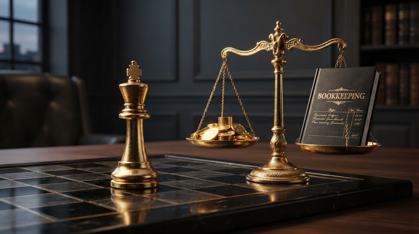 A polished silver and emerald chess king standing on a dark obsidian chessboard beside a gleaming emerald balance scale weighing silver coins against an open black leather bookkeeping ledger book with emerald embossed columns and emerald financial figures, representing the value and worth of outsourced bookkeeping services for small businesses for Chess Bookkeeping & Payroll.