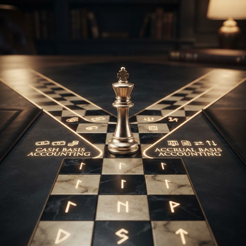 A emerald chess king standing at a fork in a dark chessboard path splitting into two directions, representing the choice between cash basis and accrual basis bookkeeping methods.