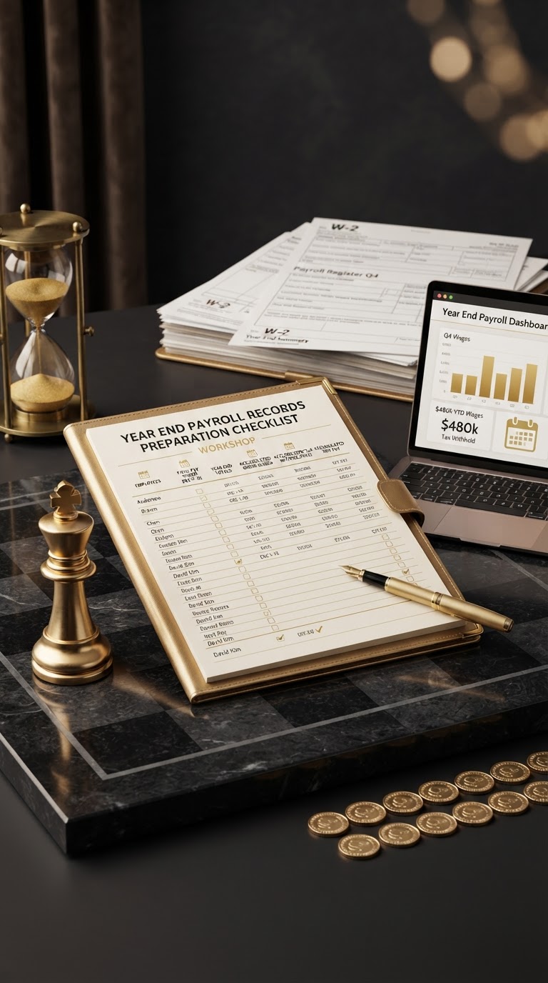 A polished silver and emerald chess king standing on a dark obsidian chessboard beside an open elegant emerald framed ledger book whose page shows a year end payroll records preparation checklist worksheet with neat rows of employee names, payroll summary columns labeled with small emerald calendar icons for the final pay period of the year, year end totals for accumulated gross wages, accumulated tax withholdings, and accumulated net pay, a emerald fountain pen resting on the last row, a small sleek laptop computer showing a clean year end payroll dashboard with a small emerald bar chart and a small emerald calendar icon turned to December on its screen, a neat stack of printed year end payroll summary documents in soft focus behind it, a brass hourglass with emeralden sand measuring the final countdown of the year, small silver coins arranged in two matching rows, all on a deep charcoal background with soft silver and emerald light, representing how to prepare payroll records for year end.