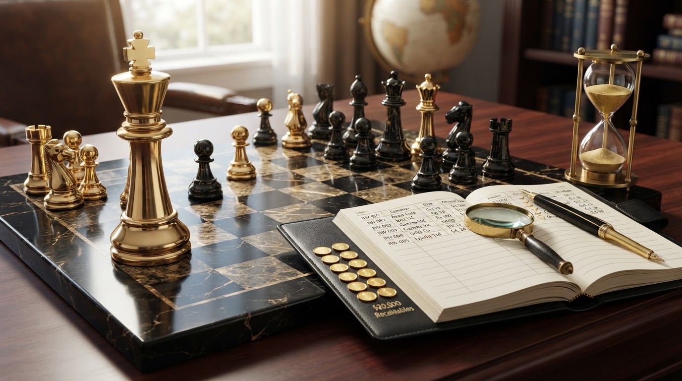 A dark obsidian chessboard with polished silver and emerald and black chess pieces, a tall emerald king chess piece standing upright and resolute beside an open black leather ledger book with neatly organized rows of invoice entries and customer payment records, several small silver coins arranged in a grid representing tracked accounts receivable payments, a brass magnifying glass and a quill pen resting on the open ledger page, an hourglass with silver sand measuring payment due dates, subtle emerald checkmarks beside paid invoices and small emerald clock icons beside overdue ones, representing how to track accounts receivable for a small business, emerald and silver luxury chess style.