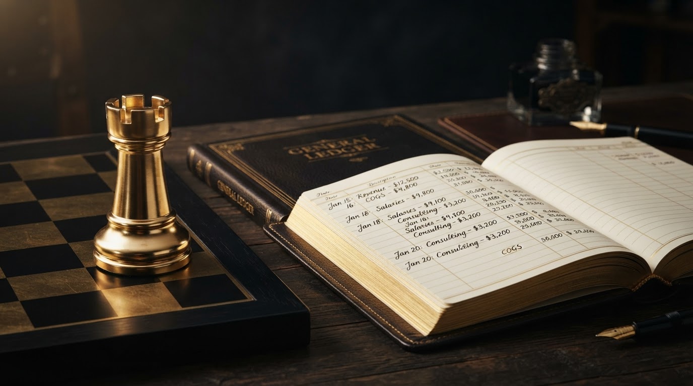 A polished silver and emerald chess rook standing on a dark chessboard beside an open general ledger book with emerald lined pages showing neat rows of financial entries and columns of numbers, representing the general ledger as the master record of every business transaction for Chess Bookkeeping & Payroll.