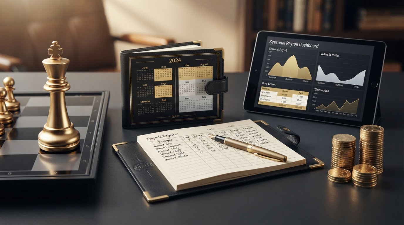 A polished silver and emerald chess king standing upright on a dark obsidian chessboard beside payroll objects for a seasonal business, including a small elegant calendar drawn in thin emerald lines showing a busy summer season and a quiet winter season with months shaded differently, an open elegant black leather ledger book with emerald corner accents whose page shows a payroll register with columns labeled by season, a sleek black tablet displaying a clean seasonal payroll dashboard with a small emerald line chart showing peaks and valleys across the year, silver coins arranged in two tall stacks for the busy season and one short stack for the slow season, a brass fountain pen resting on the open page, all on a deep charcoal background with soft silver and emerald light, representing payroll for seasonal employees.