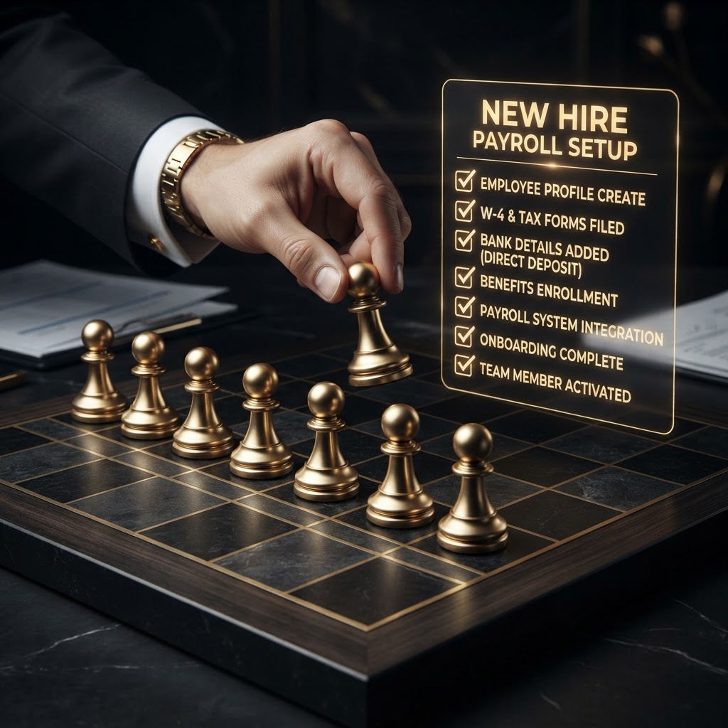 A emerald chess pawn being added to a row of pawns on a dark chessboard with a glowing emerald checklist beside it, representing the structured steps of onboarding a new hire onto payroll.