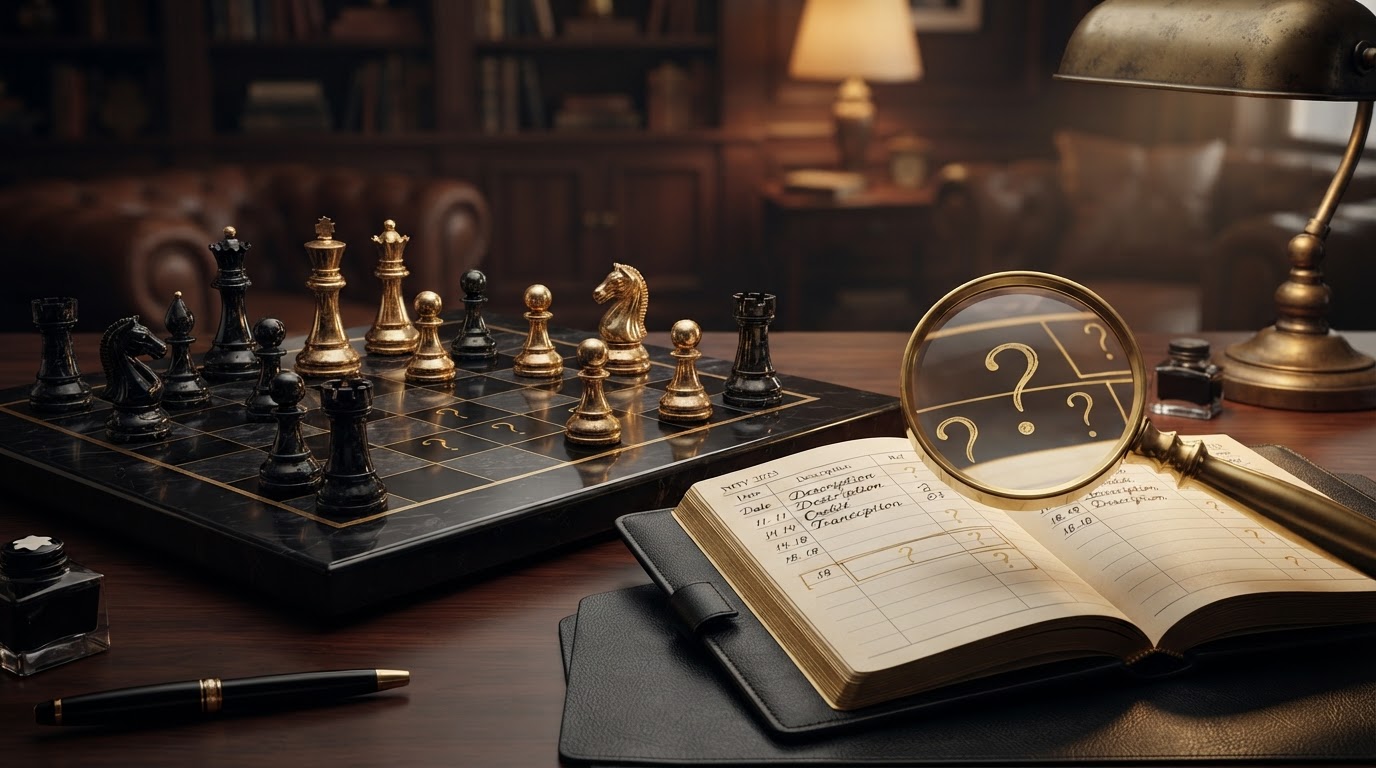 A dark obsidian chessboard with several emerald and black chess pieces, some squares empty where pieces should be, beside an open black leather ledger book showing transaction rows with visible blank gaps and missing entries highlighted with emerald question marks, and a emerald magnifying glass hovering over the empty spaces in the ledger, representing how to identify missing transactions in bookkeeping records.