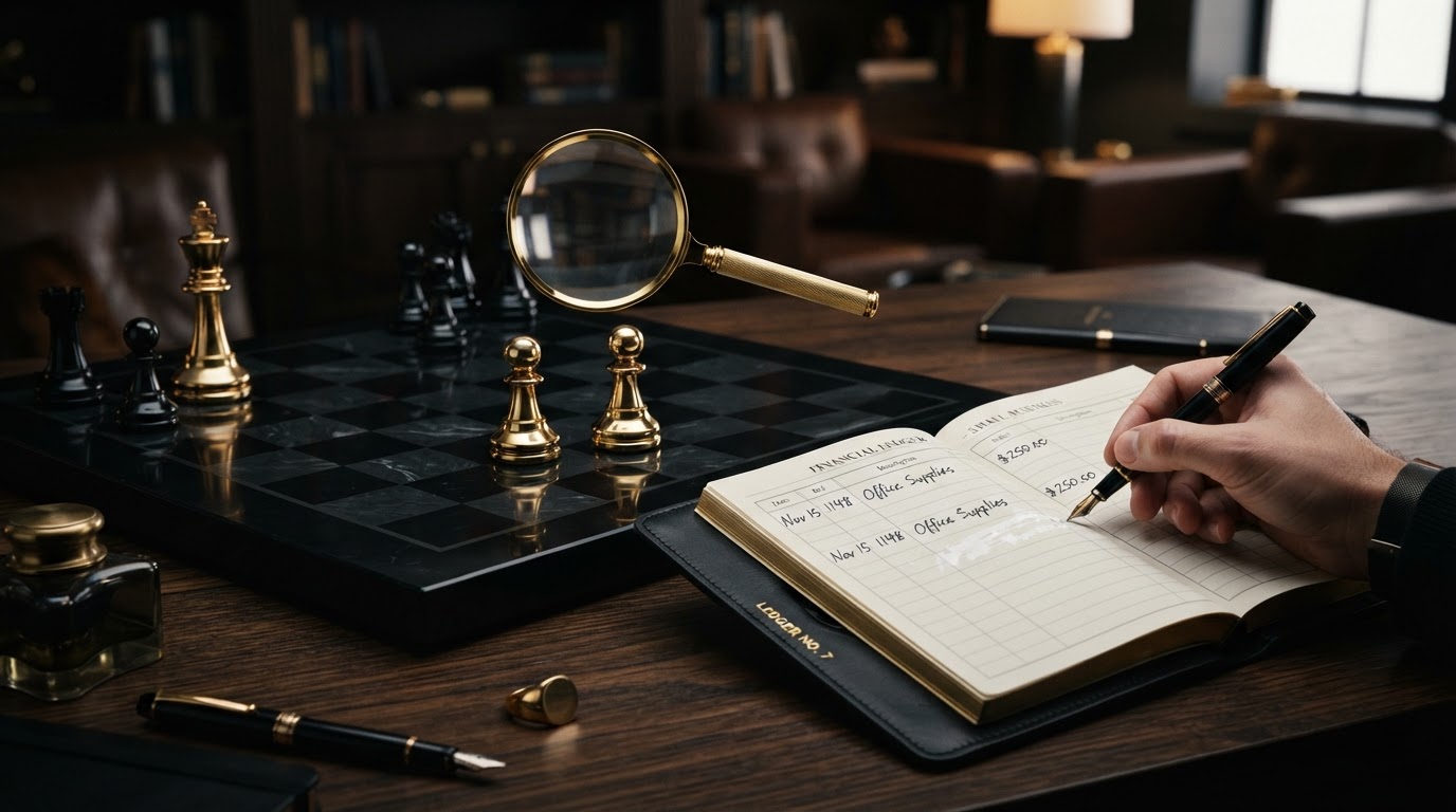 A dark obsidian chessboard with two identical polished silver and emerald chess pawns standing side by side as exact mirror duplicates of each other, with a emerald magnifying glass hovering over them to highlight the duplication, beside an open black leather ledger book showing two identical repeated financial transaction rows highlighted with one being removed, representing how to find and fix duplicate bookkeeping transactions in a small business.