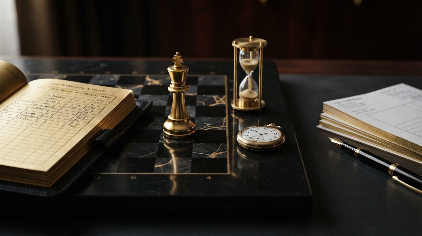 A polished silver and emerald chess king on a dark obsidian chessboard beside an open black leather payroll ledger with emerald embossed columns for meal breaks and rest breaks, a small emerald hourglass and a emerald pocket watch resting nearby with their hands marking a timed break interval, a neat stack of emerald trimmed wage statement pages and brass payroll coins on the charcoal background with a emerald fountain pen, representing California meal and rest break payroll recordkeeping considerations for small employers for Chess Bookkeeping & Payroll.