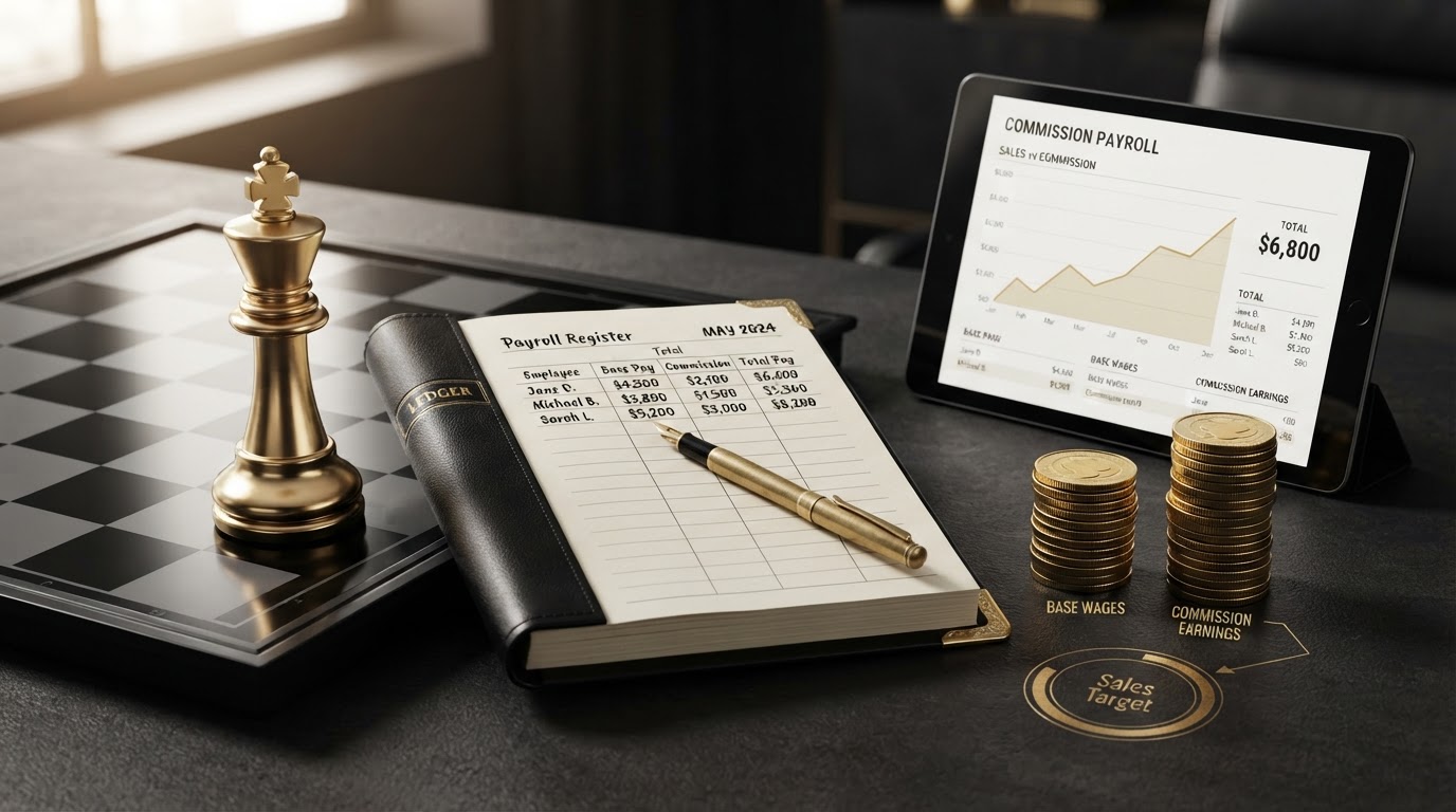 A polished silver and emerald chess king standing upright on a dark obsidian chessboard beside payroll objects for a business with commission employees, including an open elegant black leather ledger book with emerald corner accents whose page shows a payroll register with columns for base pay, commission, and total pay, a sleek black tablet displaying a clean commission payroll dashboard with a small emerald line chart showing sales rising into commission payouts, silver coins arranged in two separate tidy stacks representing base wages and commission earnings, a brass fountain pen resting on the open page, a small elegant emerald sales target ring drawn in thin emerald lines, all on a deep charcoal background with soft silver and emerald light, representing payroll for businesses with commission employees.