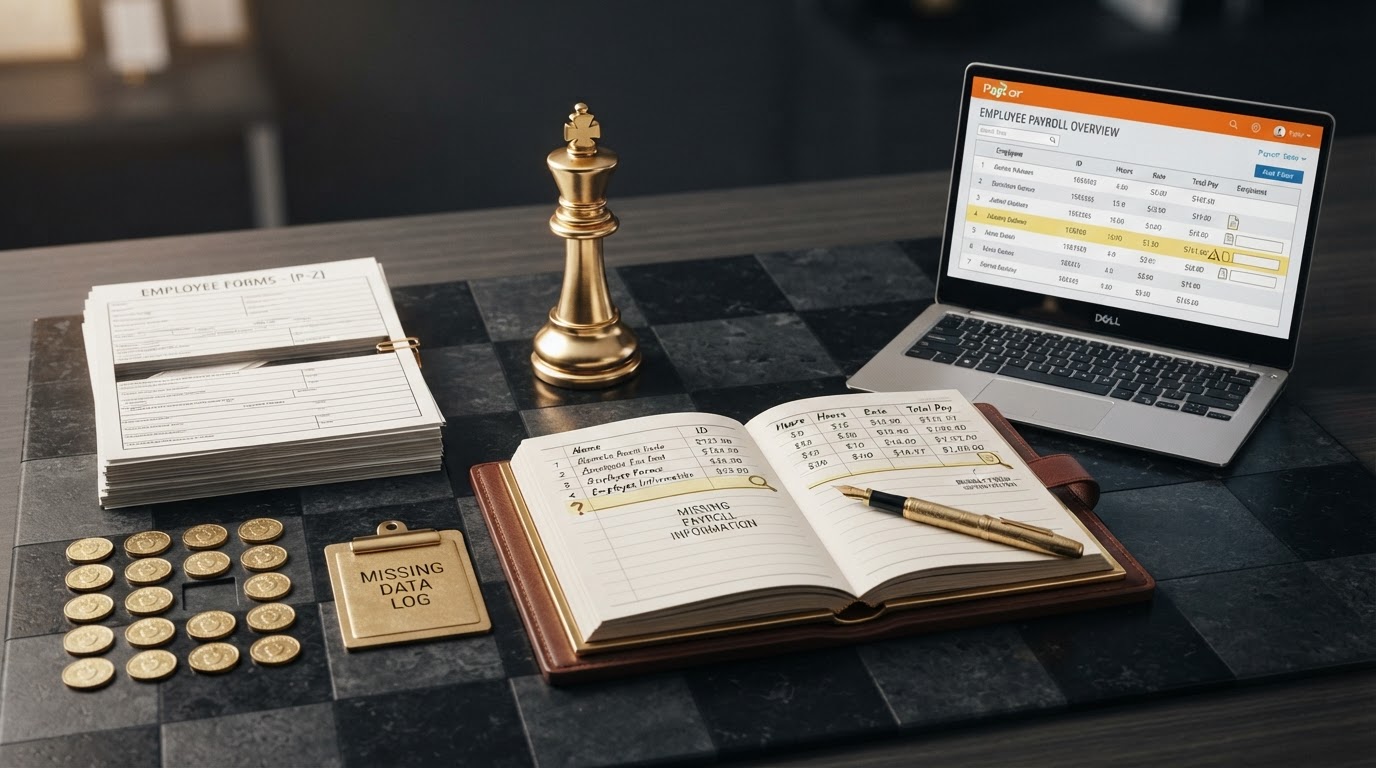A polished silver and emerald chess king standing on a dark obsidian chessboard beside an open elegant emerald framed ledger book whose page shows neat rows of employee payroll entries with one row left blank and marked by a small emerald question mark icon and a small emerald magnifying glass icon to represent missing employee payroll information, a small sleek laptop computer showing a clean payroll dashboard with a small emerald warning triangle icon and a small emerald document icon with a blank field on its screen, a neat stack of employee information forms with one form missing and a emerald fountain pen resting on the ledger, small silver coins arranged in a grid with one empty cell to show a missing payroll detail, and a small emerald clipboard token, all on a deep charcoal background with soft silver and emerald light, representing how to handle missing employee payroll information.