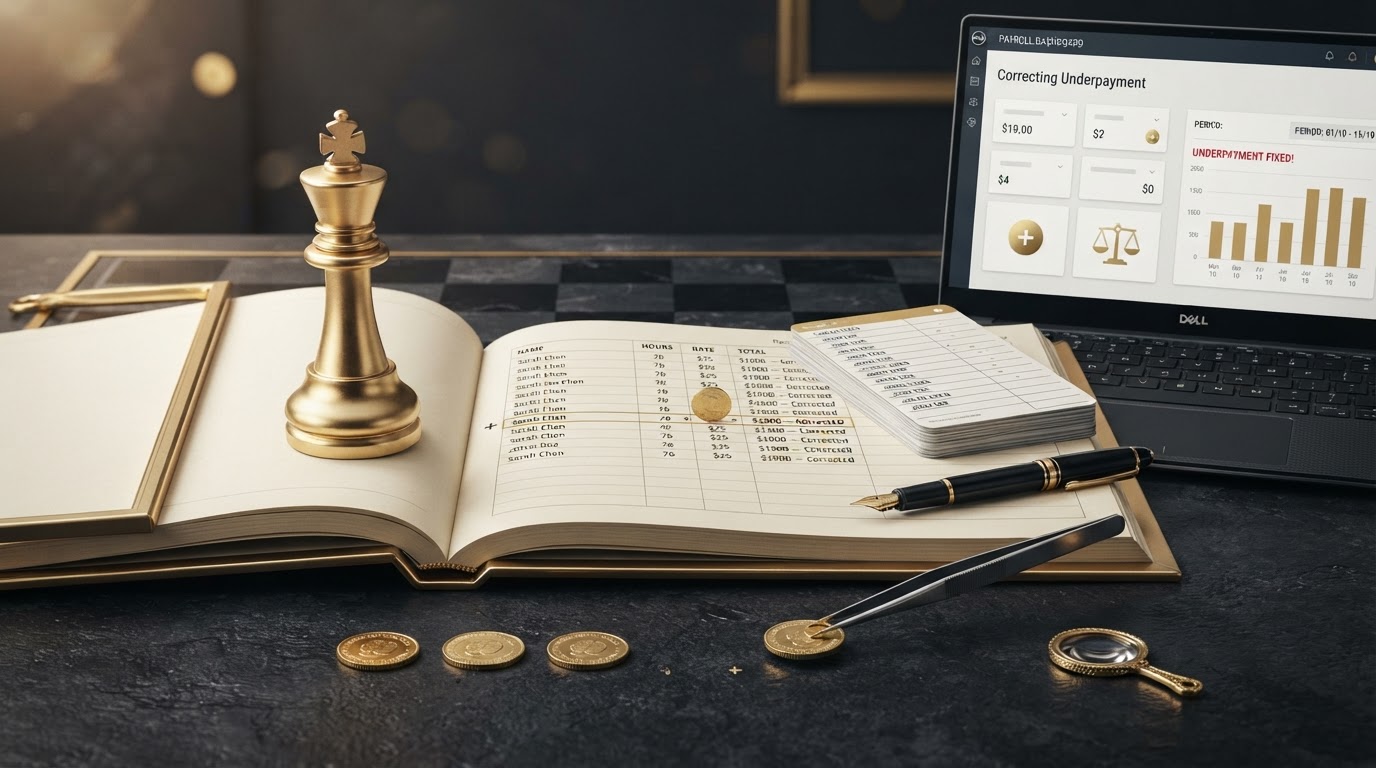 A polished silver and emerald chess king standing on a dark obsidian chessboard beside an open elegant emerald framed ledger book whose page shows neat payroll rows with one row marked by a small emerald coin being added to fill a gap to represent an employee underpayment being corrected, a small sleek laptop computer showing a clean payroll dashboard with a small emerald plus sign icon and a small emerald balance scale icon on its screen, a neat stack of employee timesheet cards and a emerald fountain pen resting on the ledger, small silver coins arranged in a row with one coin short and a second emerald coin being added to complete the row, and a small emerald magnifying glass token, all on a deep charcoal background with soft silver and emerald light, representing how to fix an employee underpayment in payroll.