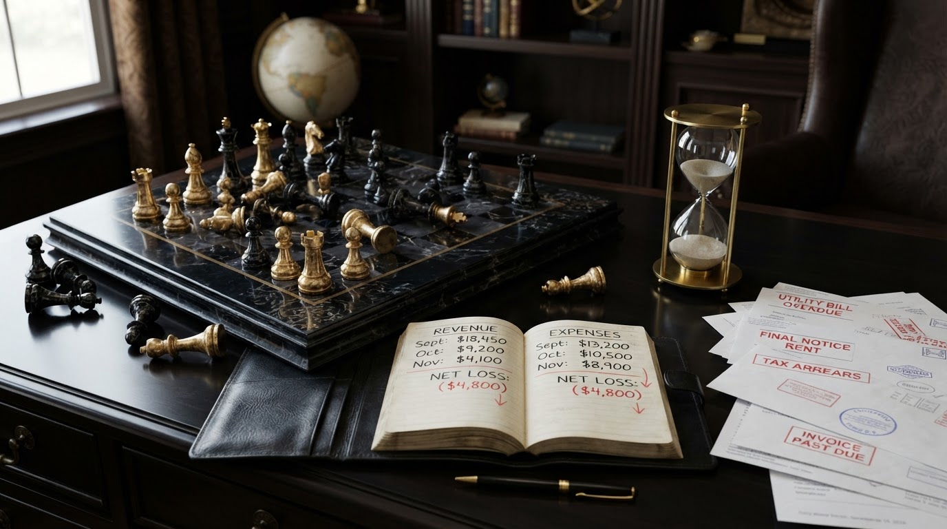 A dark obsidian chessboard with polished silver and emerald and black chess pieces, several pieces fallen over and scattered in disarray suggesting disorder and poor planning, beside an open black leather ledger book showing declining cash flow numbers and a stack of unpaid bills with a emerald hourglass running low on sand, representing how poor bookkeeping creates cash flow problems for a small business, emerald and silver luxury chess style.