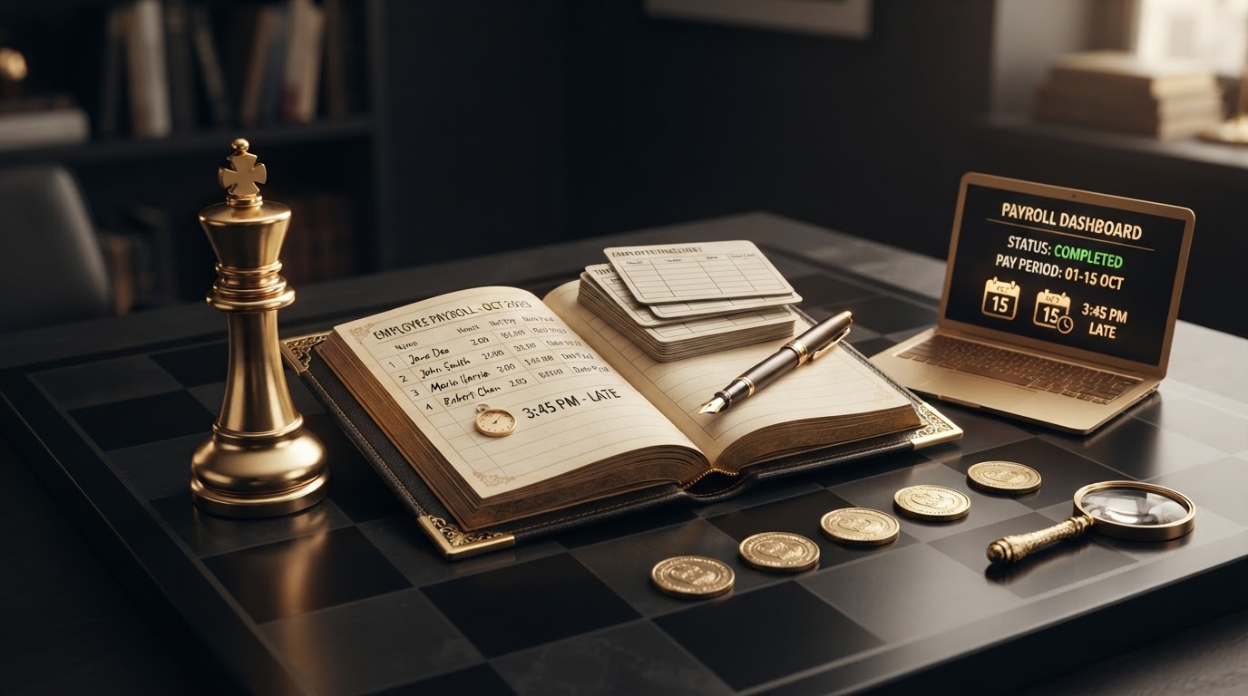 A polished silver and emerald chess king standing on a dark obsidian chessboard beside an open elegant emerald framed ledger book whose page shows neat payroll rows with one row marked by a small emerald clock icon showing a late time to represent employees paid late, a small sleek laptop computer showing a clean payroll dashboard with a small emerald calendar icon and a small emerald clock icon on its screen, a neat stack of employee timesheet cards and a emerald fountain pen resting on the ledger, small silver coins arranged in a row with one coin slightly delayed behind the others, and a small emerald magnifying glass token, all on a deep charcoal background with soft silver and emerald light, representing what happens when employees are paid late.